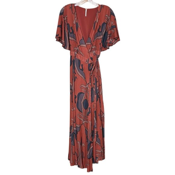 Free People Women Brick Tulip Sleeve Wrap Maxi Dress XS Boho Art Deco Pattern - Picture 2 of 9